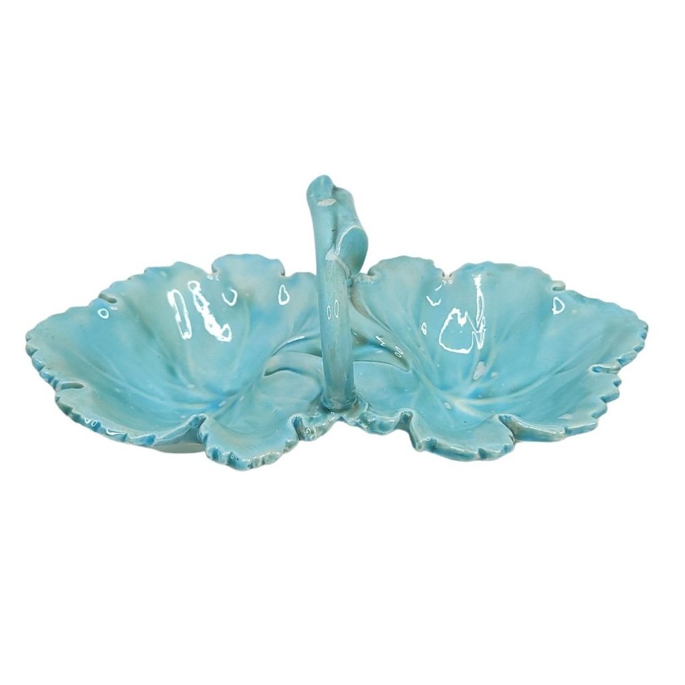 Vintage Holland Mold Double Leaf Dish Relish Condiment Soap Blue White Ceramic - Picture 3 of 10